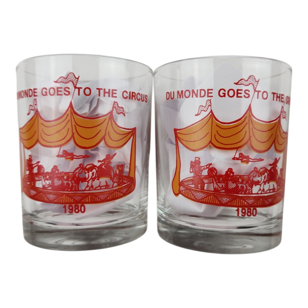 Vintage 1980 New Orleans Mardi Gras Du Monde‎ Goes To The Circus Lowball Glasses